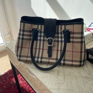 Burberry Black and Tan Shoulder Bag with Plaid Design